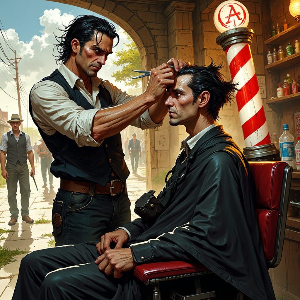 Nostalgic Vampire Barber Shop Scene in Hyper-Realistic Style