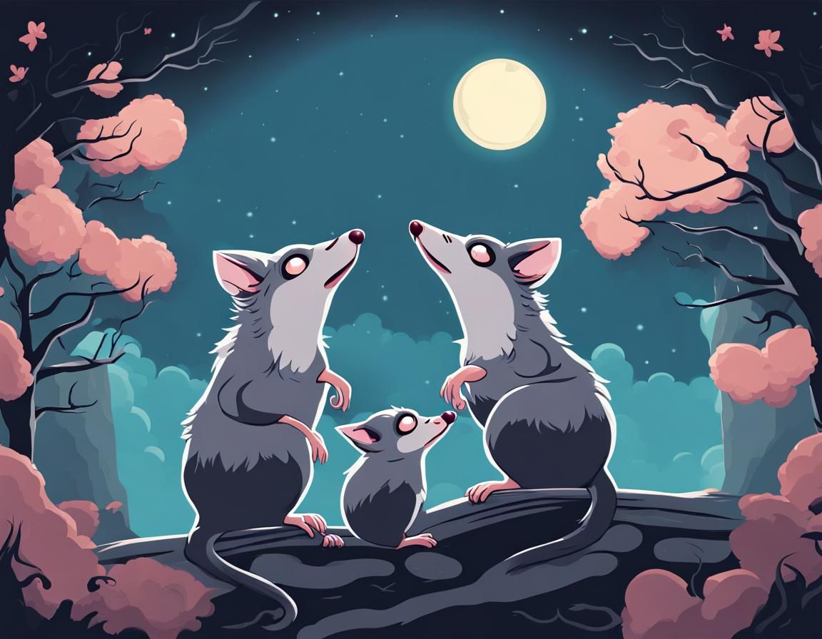 Possums Howling at Moon: Renaissance Kawaii Vector Art