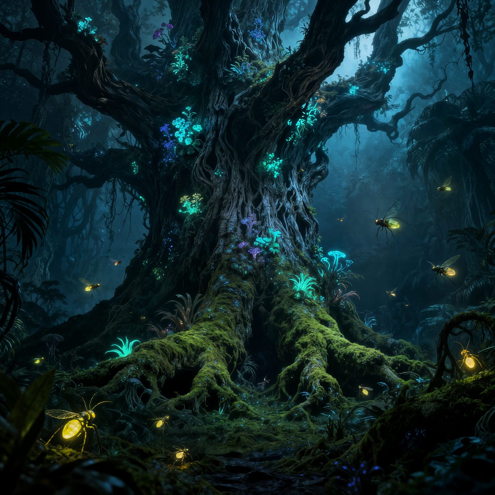 Ancient Bioluminescent Tree in Mysterious Jungle Clearing