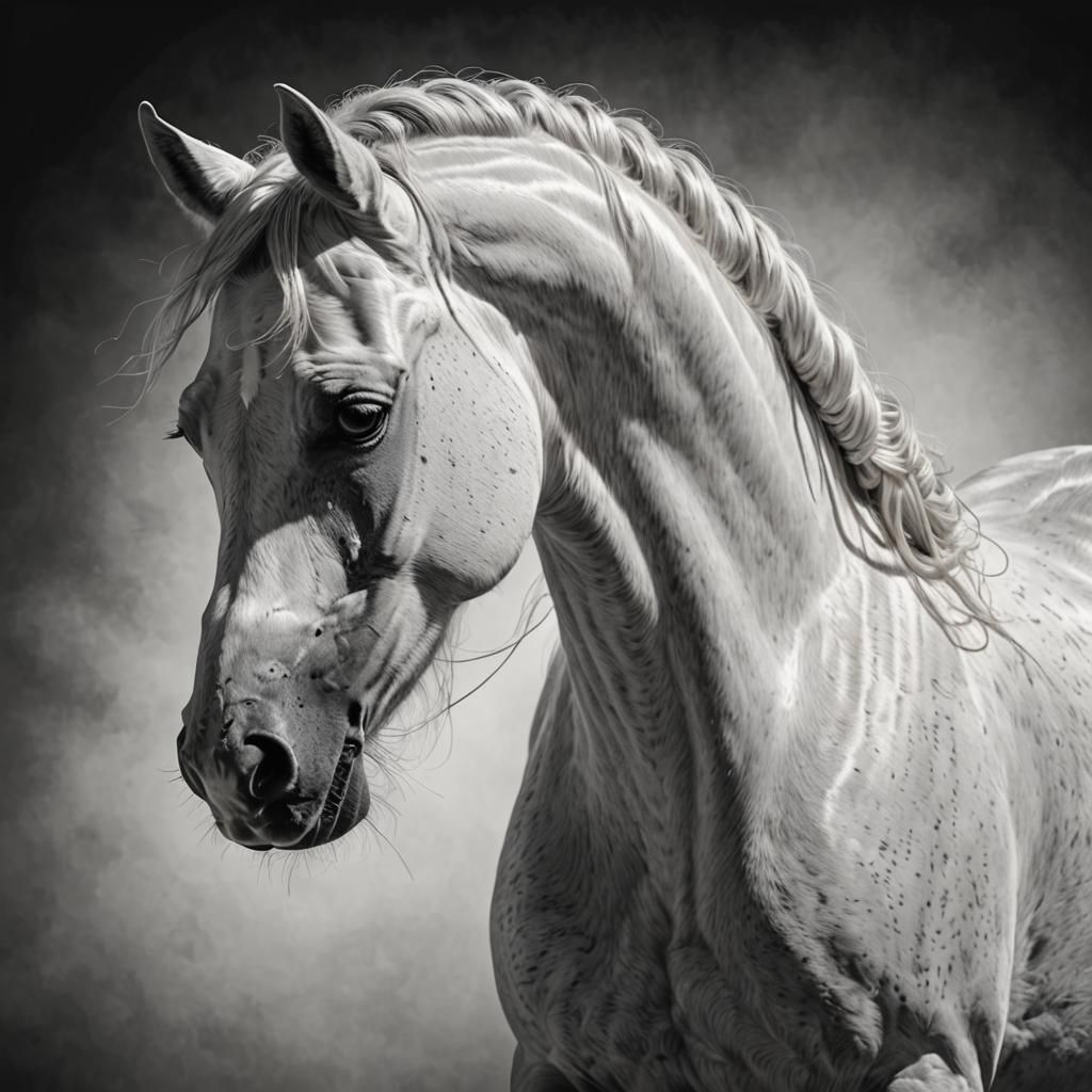 Monochrome White Spanish Horse Portrait in Hyperrealism