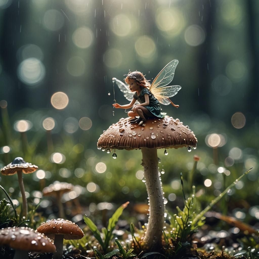 Macro Fairy Over Mushroom in Morning Light