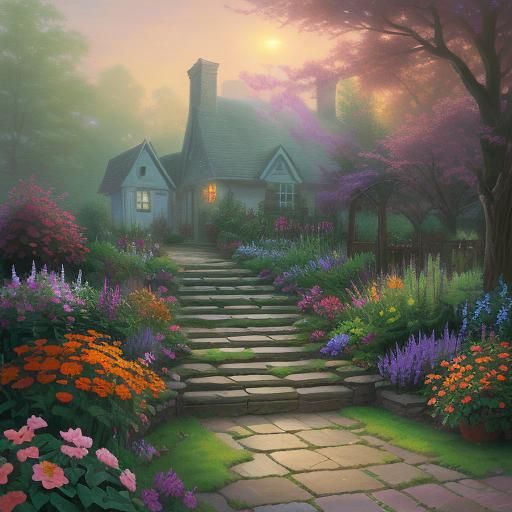 Ethereal Orange Brick Cottage Garden in Fantasy Style