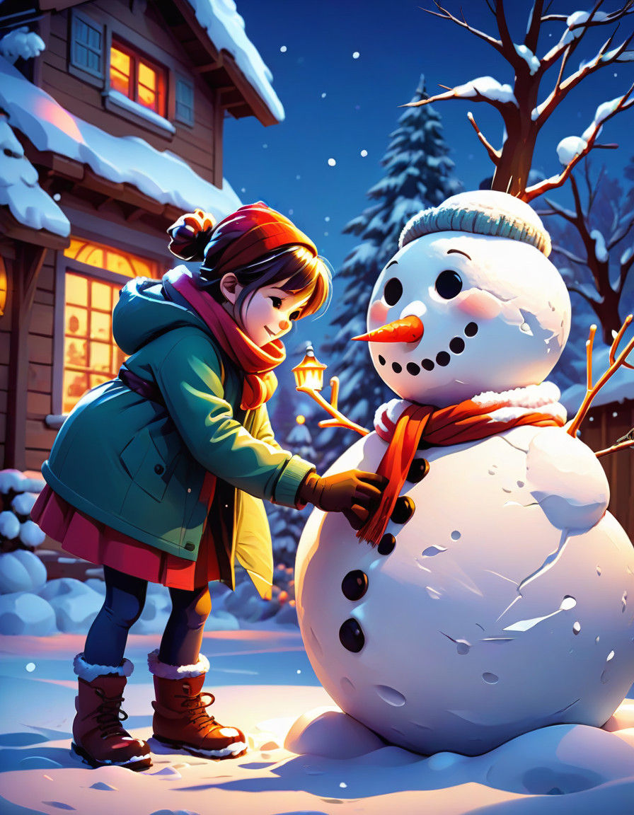 Vibrant Anime Masterpiece of a Child Building a Snowman