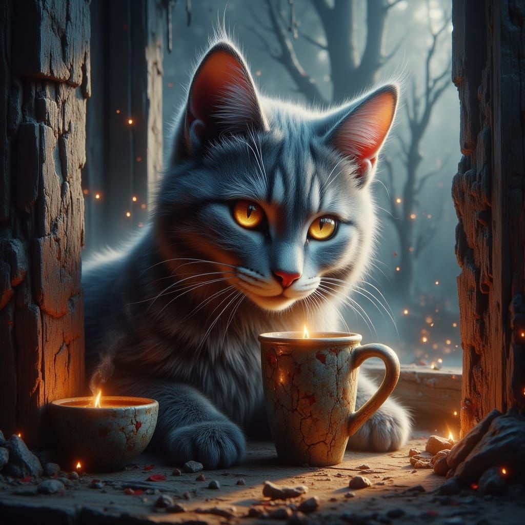 Nordic Cat Drinks Coffee with Viking