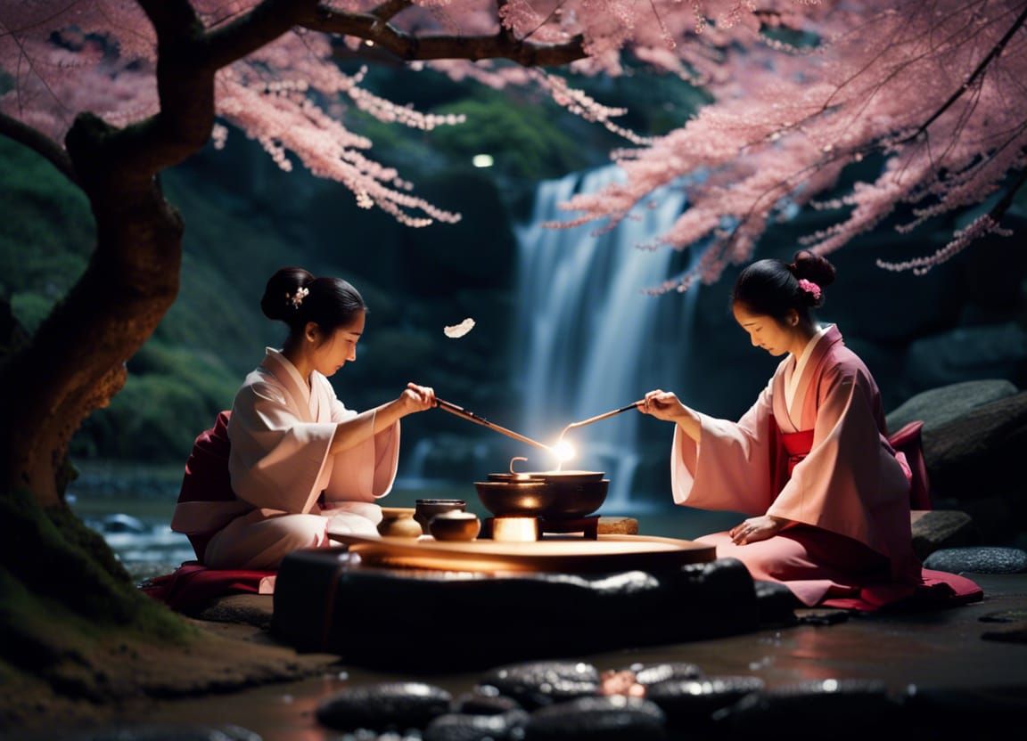 Japanese Tea Ceremony at Night: Sakura and Waterfall