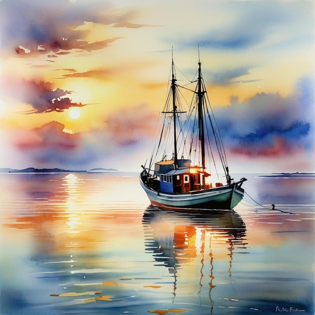 Impressionist Watercolor of Old Fishing Boat at Sunset