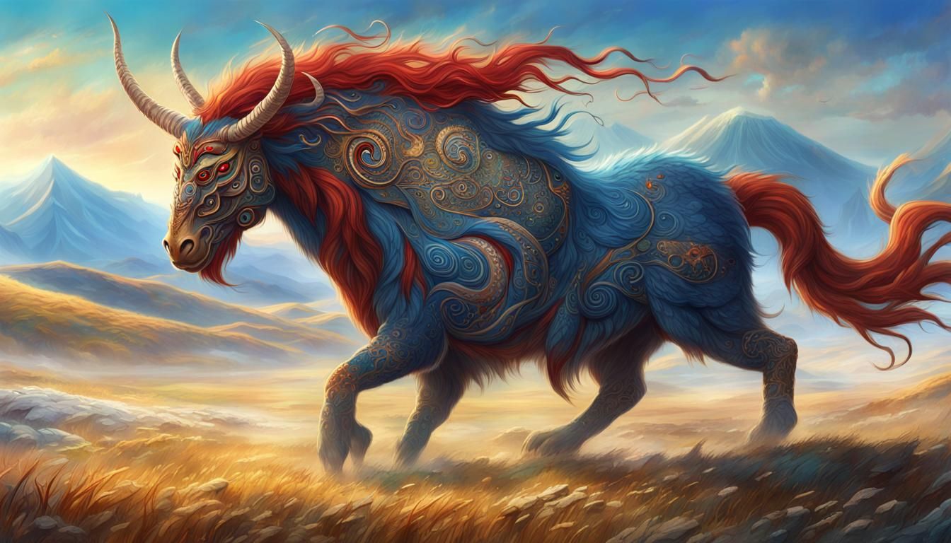 Mongolian Mythical Creature in Dreamlike Steppe Landscape