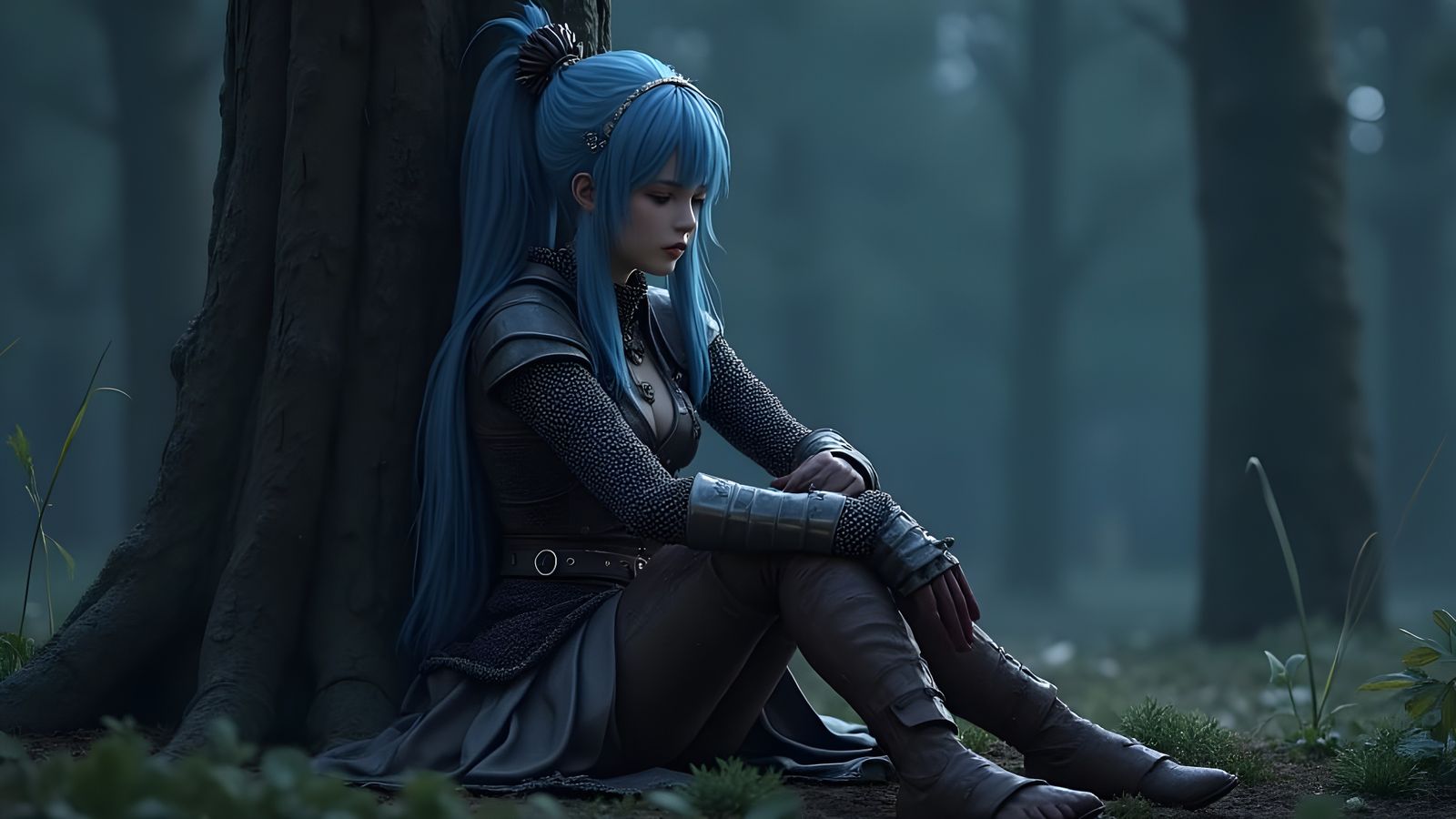 Exhausted Blue-Haired Warrior in Darkened Wood