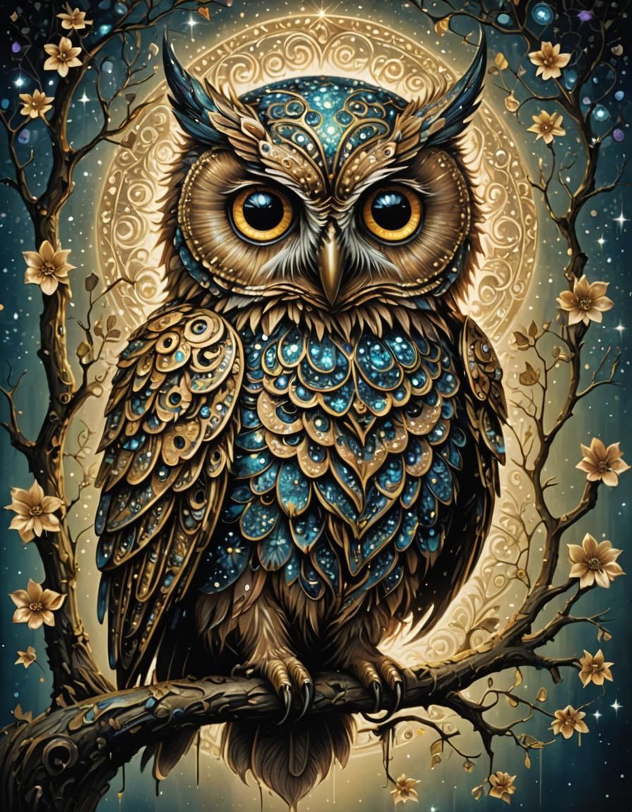 Ornate Glittercore Wise Owl in Luminous Light
