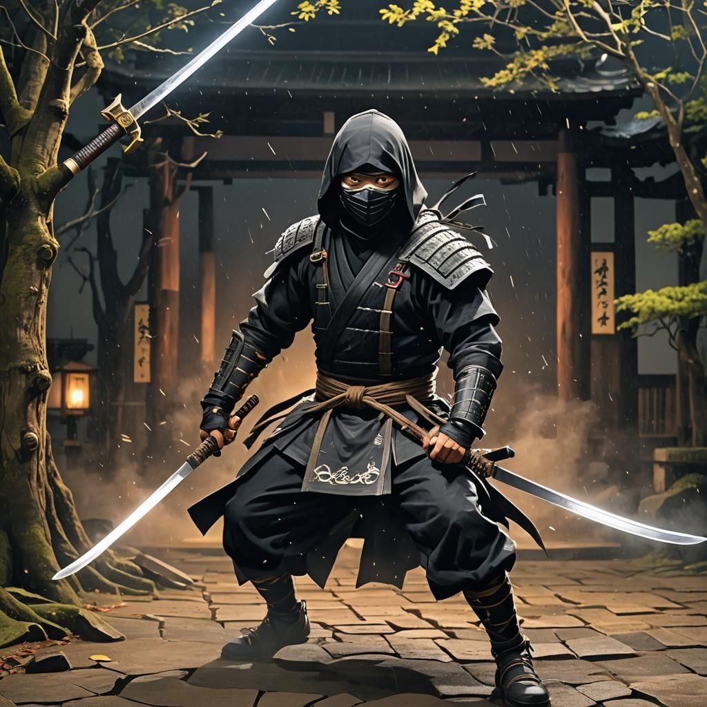 Ninja in Fierce Battle on Stormy Temple Top