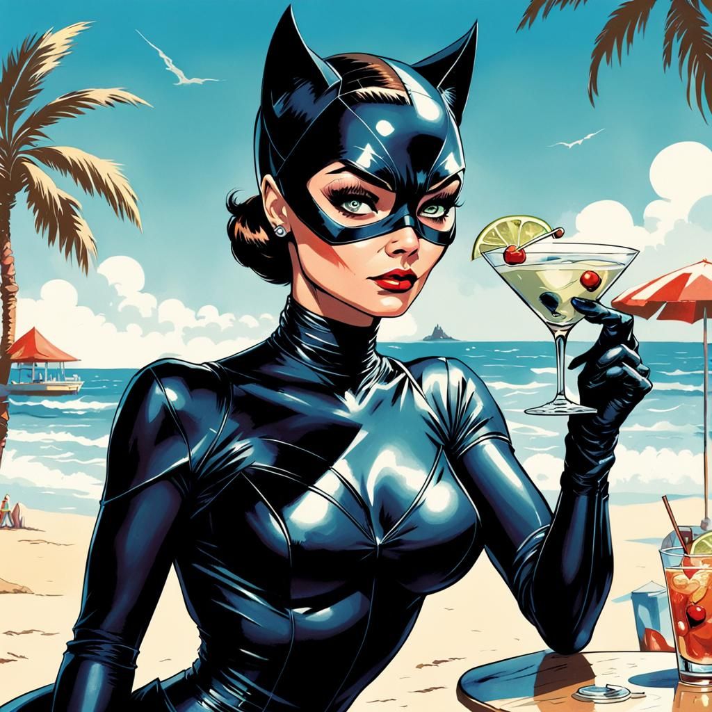 Catwoman's Beach Martini: Retro 60s Comic Art