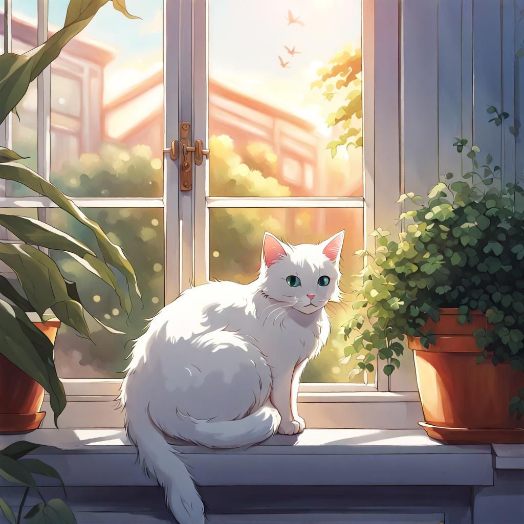 Anime Cat on Sunny Window Sill Wallpaper