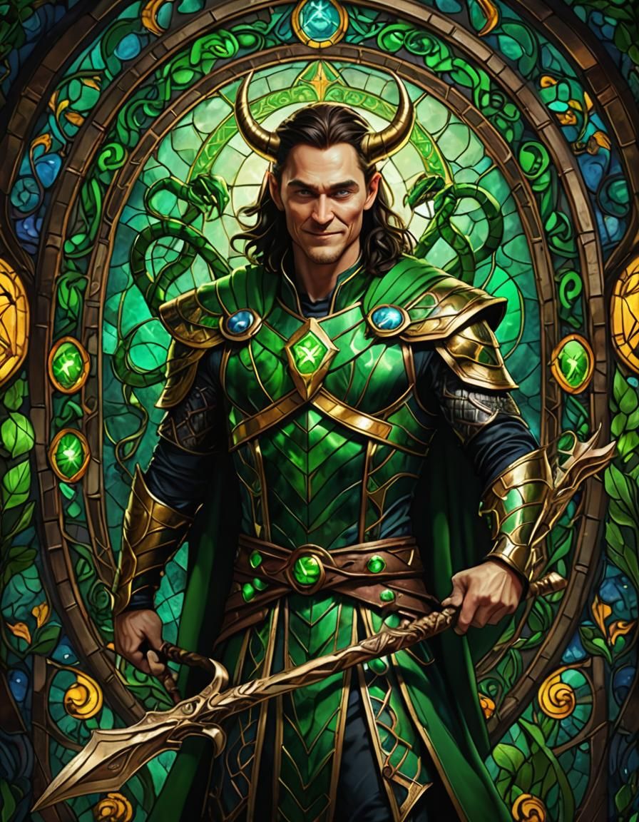 Loki in Stained Glass with Glowing Snakes