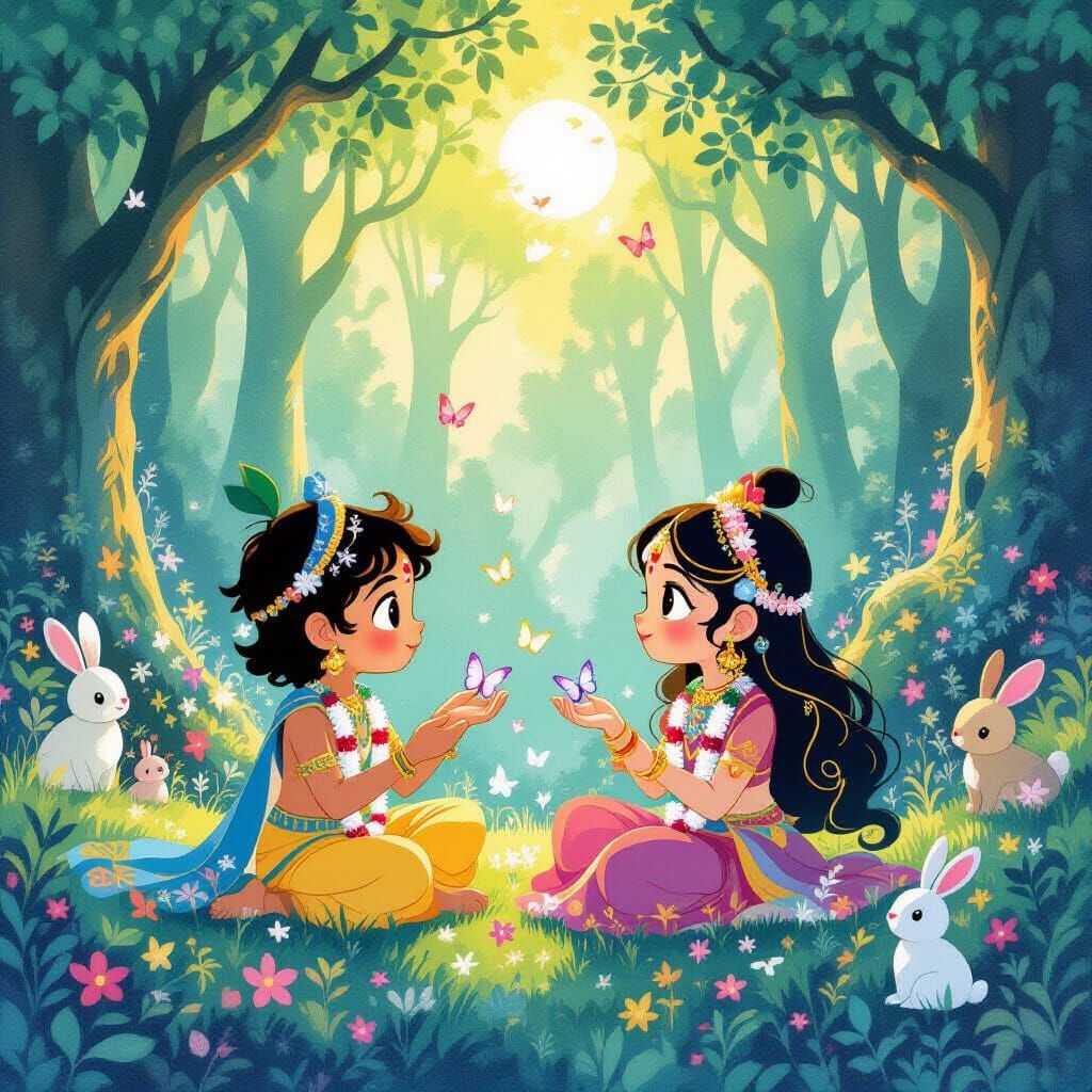Krishna and Radha in Ghibli Forest