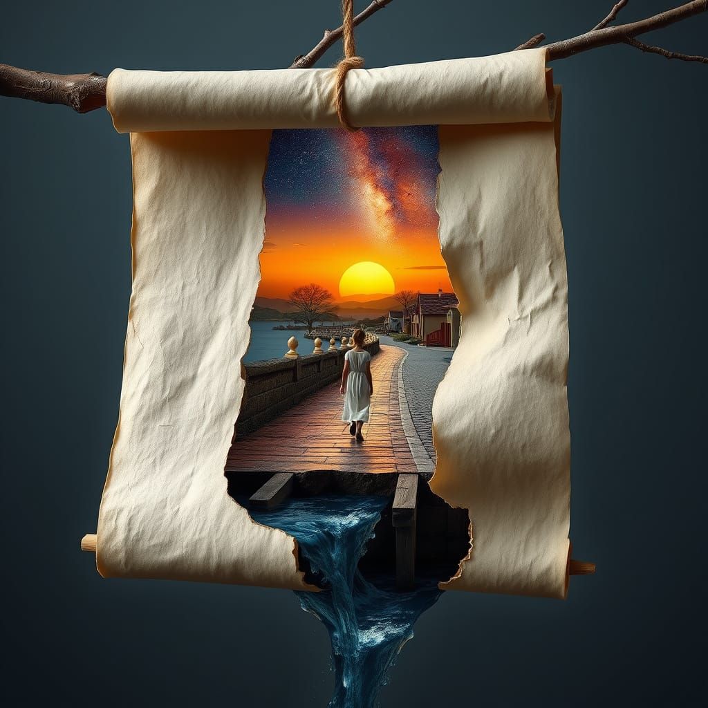 Papyrus Scroll Microworld Diorama on Birch Branch