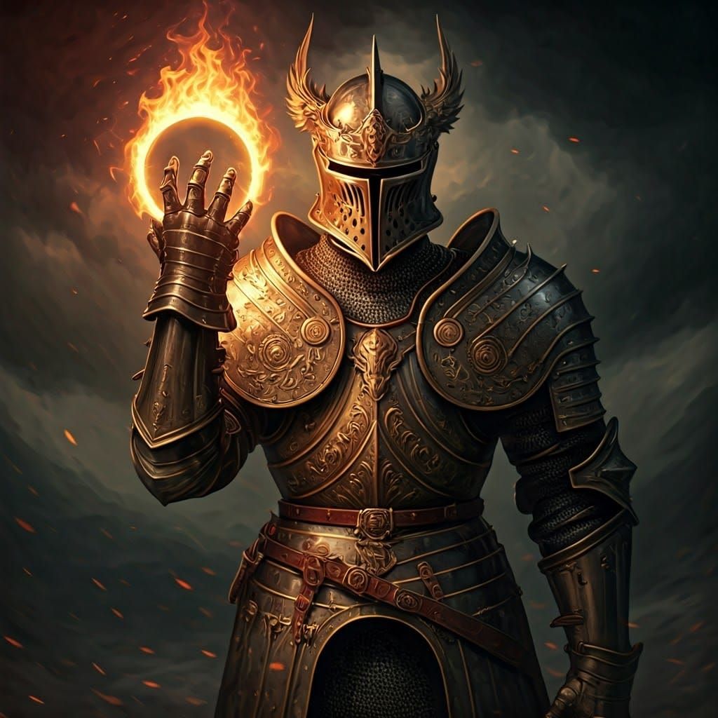 Knight with Fiery Aura Surrounding Hand