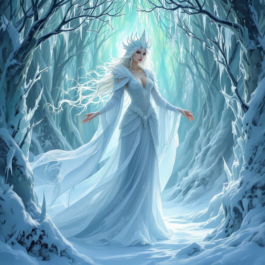 Serene Ice Goddess in Mystical Winter Forest