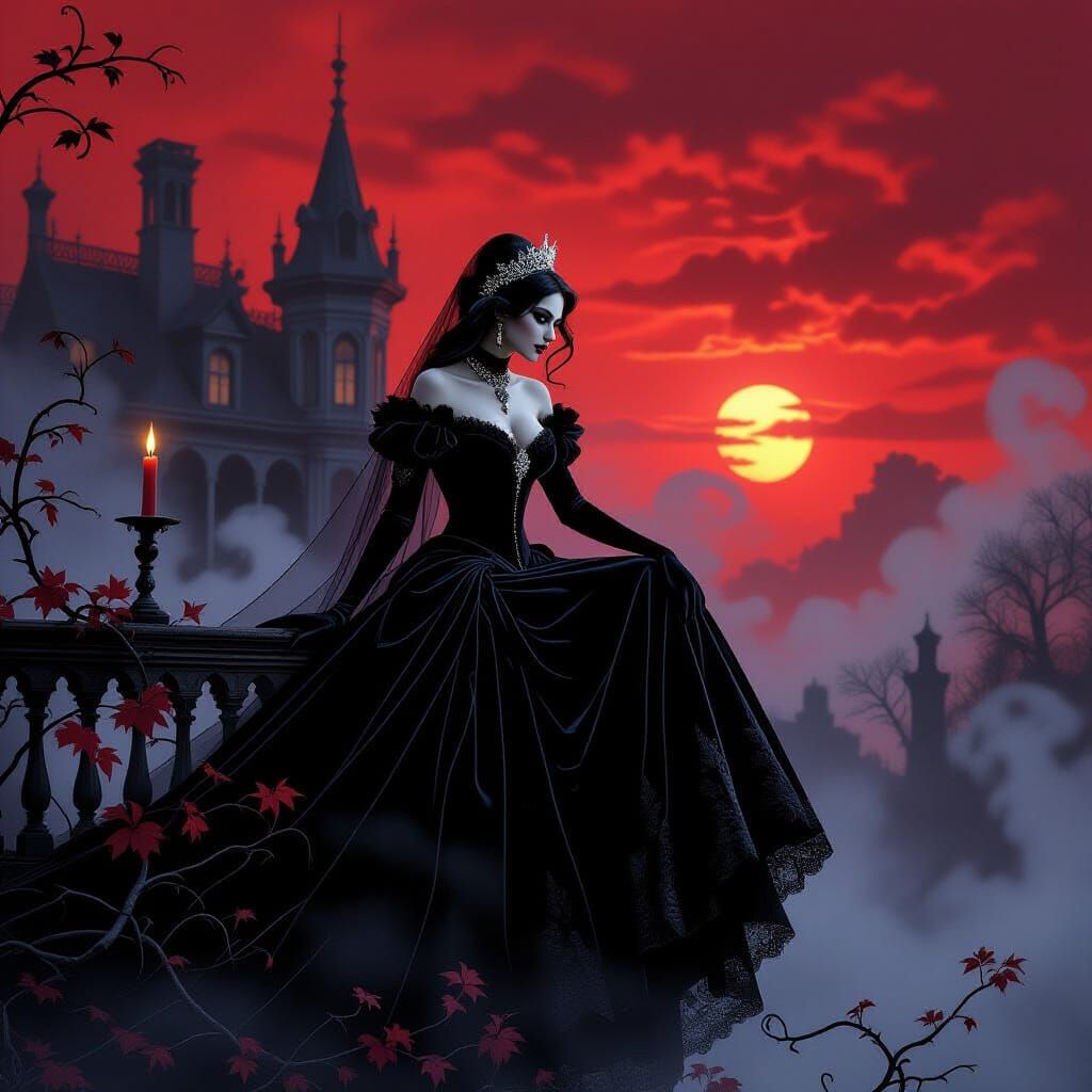 Vampire Bride on Decaying Mansion in Dark Fantasy Style