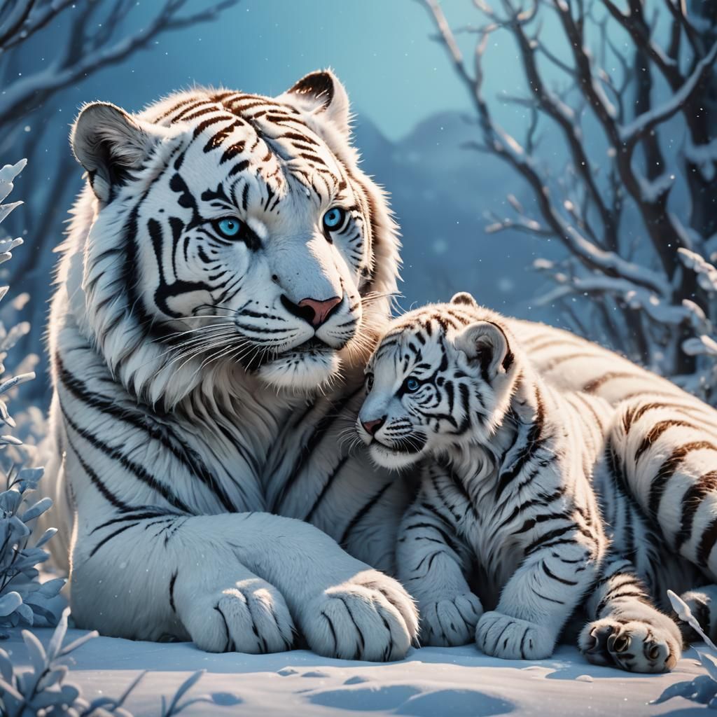 Arctic Tiger Cub Cuddles Mom: 3D Digital Art