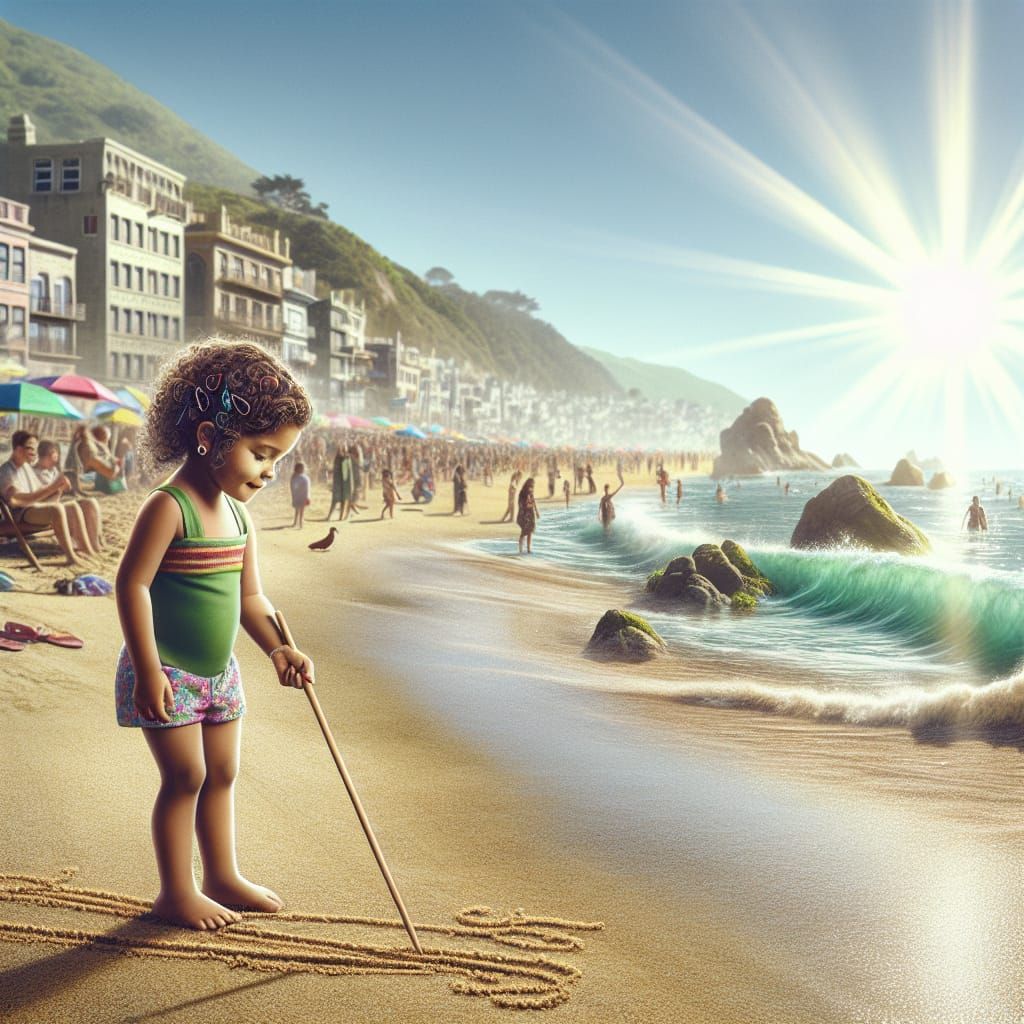 Little Girl Draws Line in the Sand on Beach