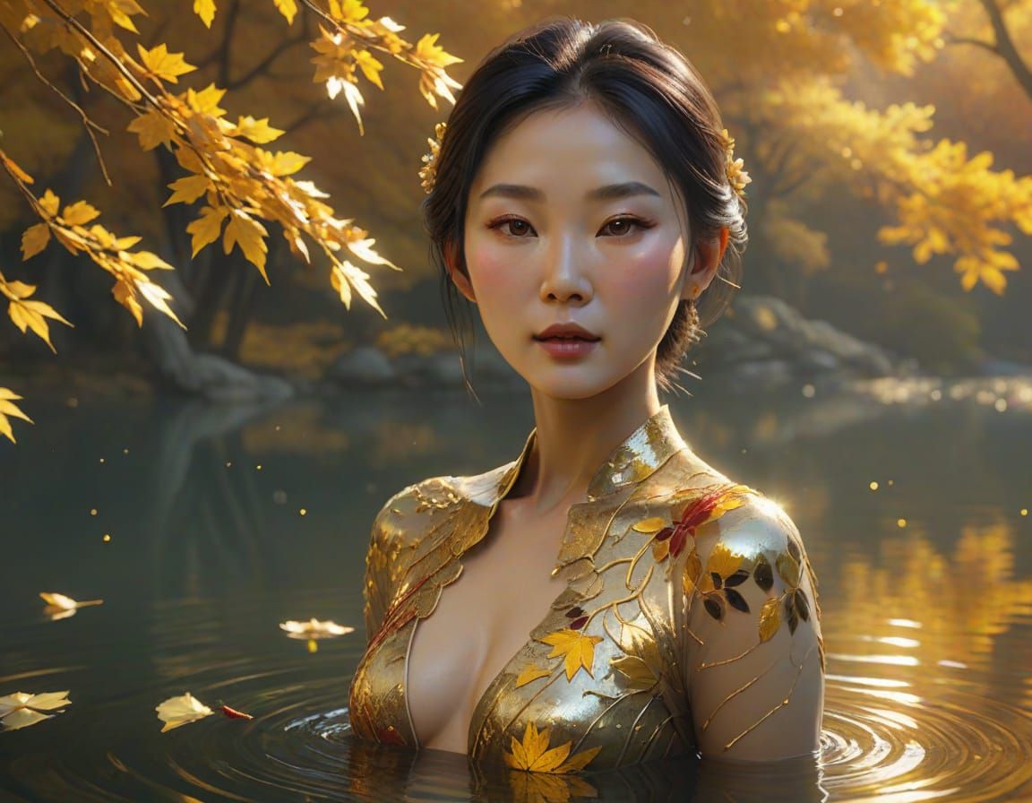 Ethereal Asian Woman Emerges from Autumn Lake in Vibrant Col...