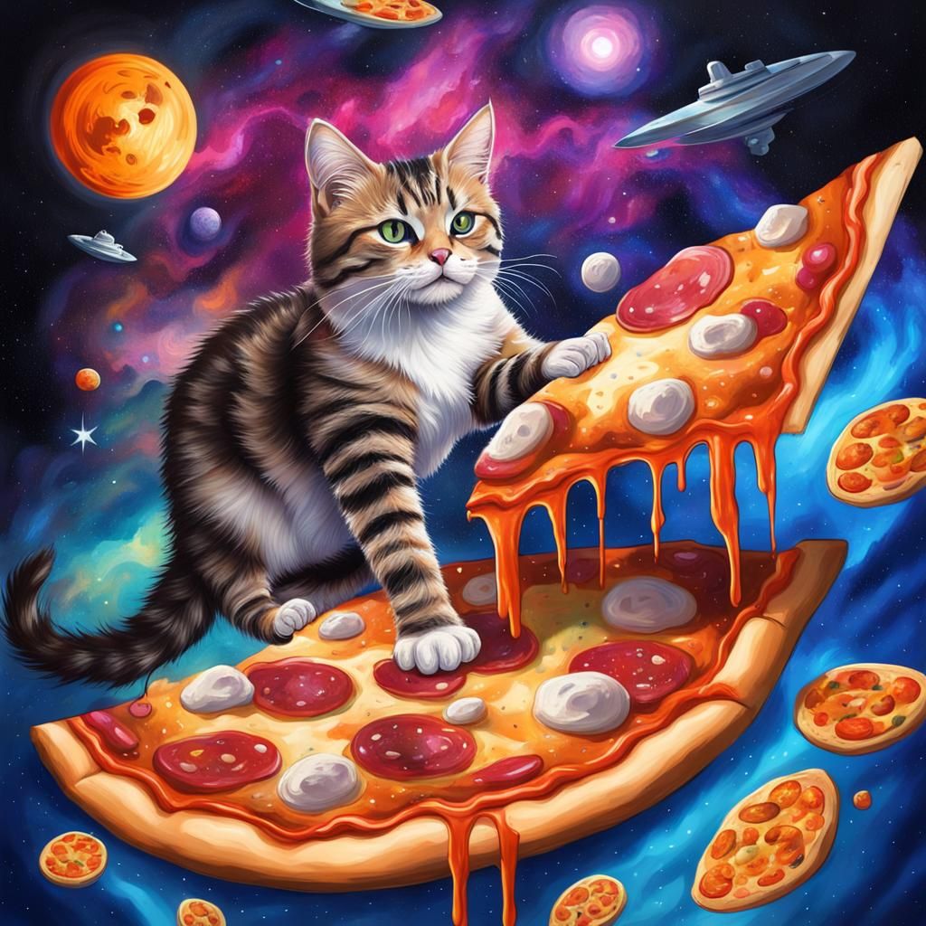 Cats in Space on Pizza in Graffiti Art Style