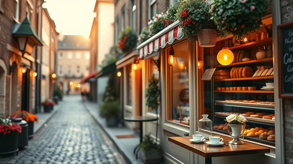 Charming Bakery on Cobblestone Street in Impressionist Style