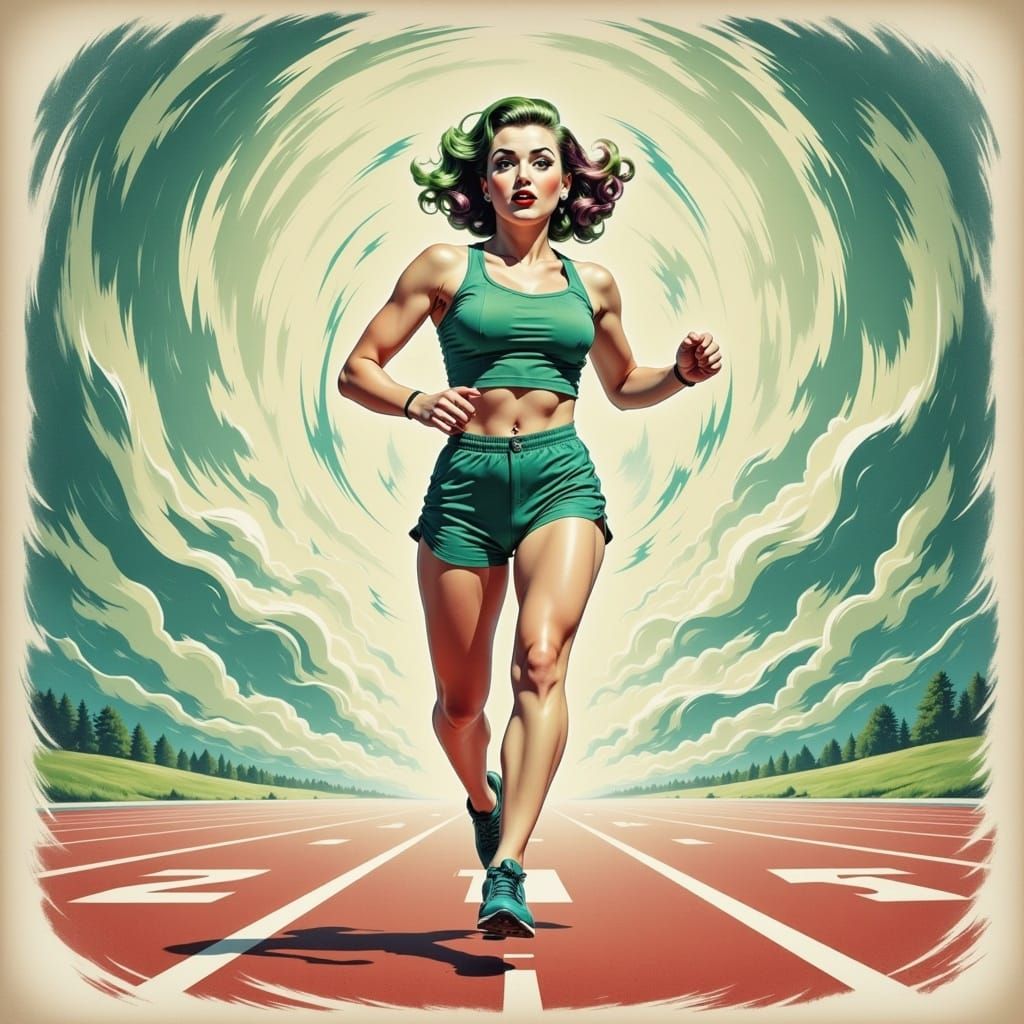 Runner Crossing Finish Line in Retro-Pinup Style