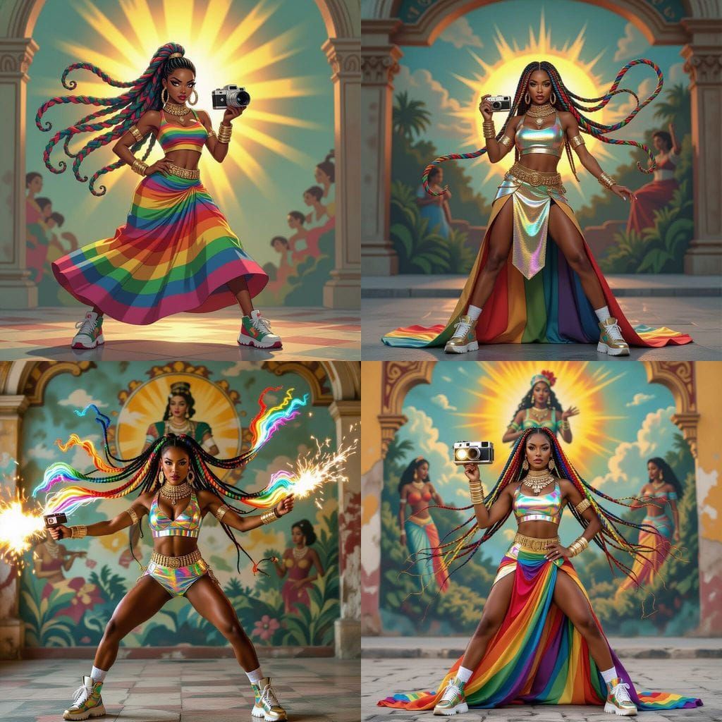 Powerful Woman with Rainbow Braids, Anime Style