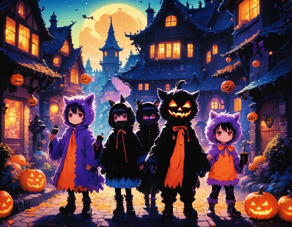Halloween Night: Children in Monster Costumes, Anime Style