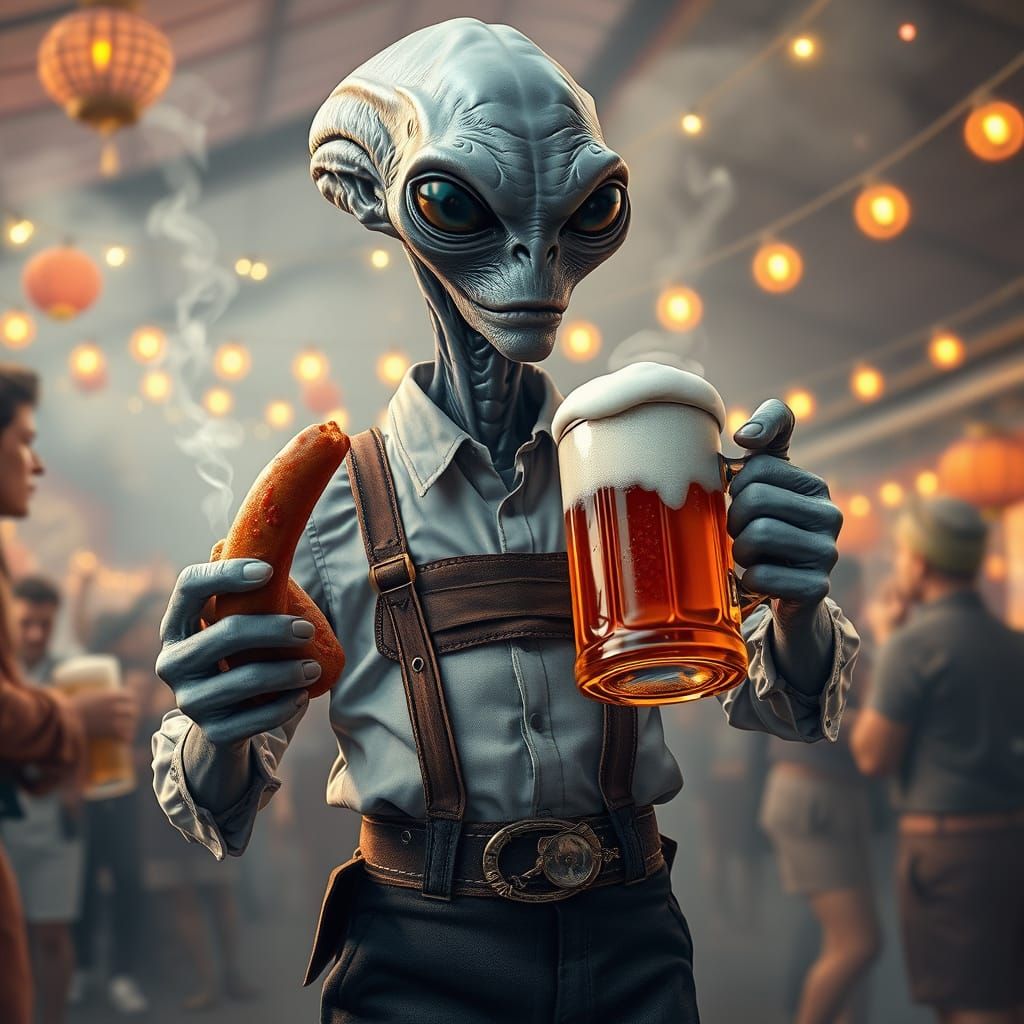 Bavarian Grey Alien in Traditional Oktoberfest Attire with C...