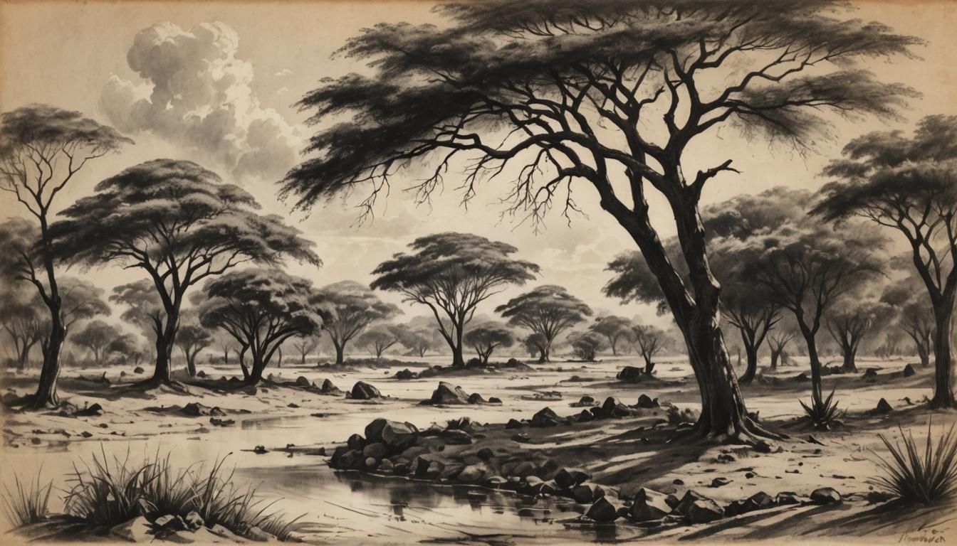 African Landscape in Charcoal Drawing Style