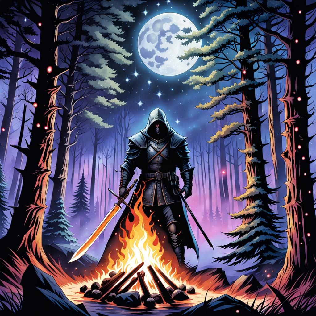 Grimdark Jason Voorhees Bonfire in Watercolor