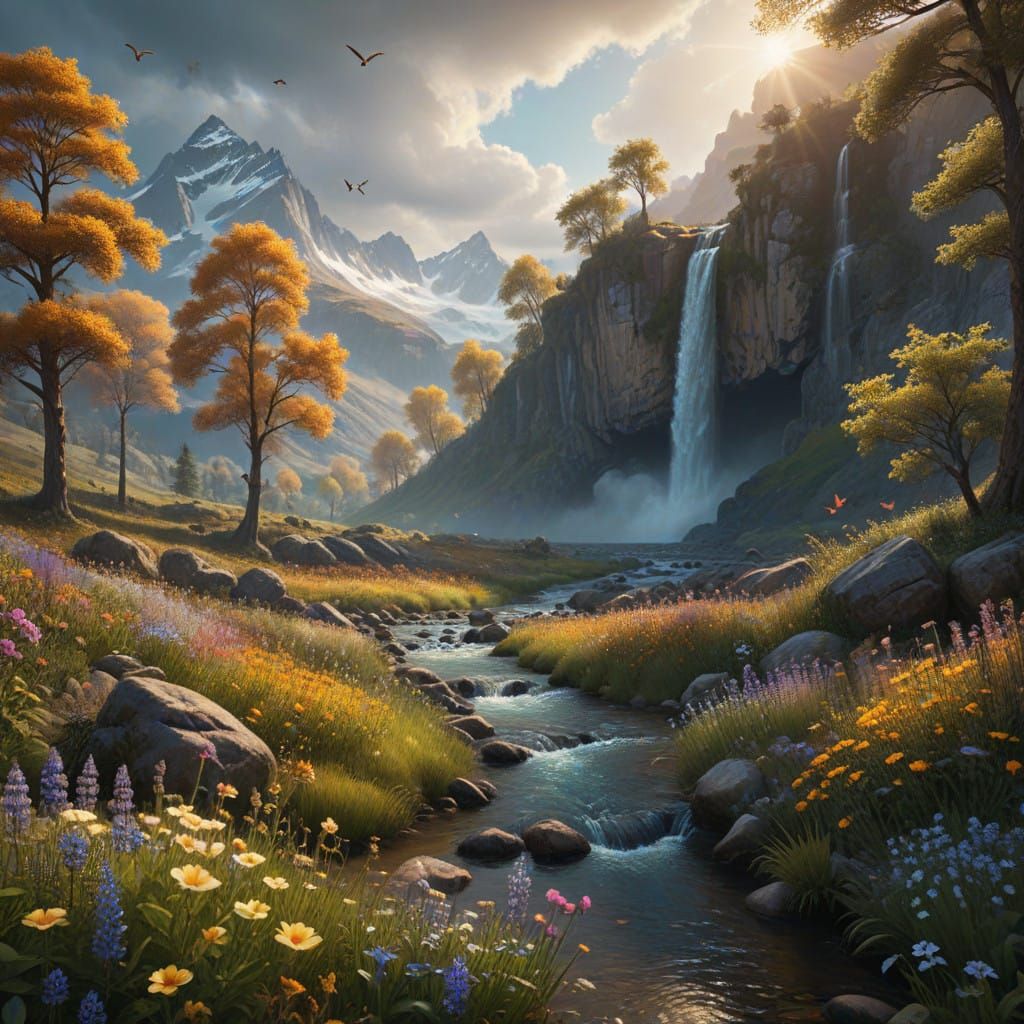 Surreal Autumn Heaven with Majestic Mountain Landscape, Wate...