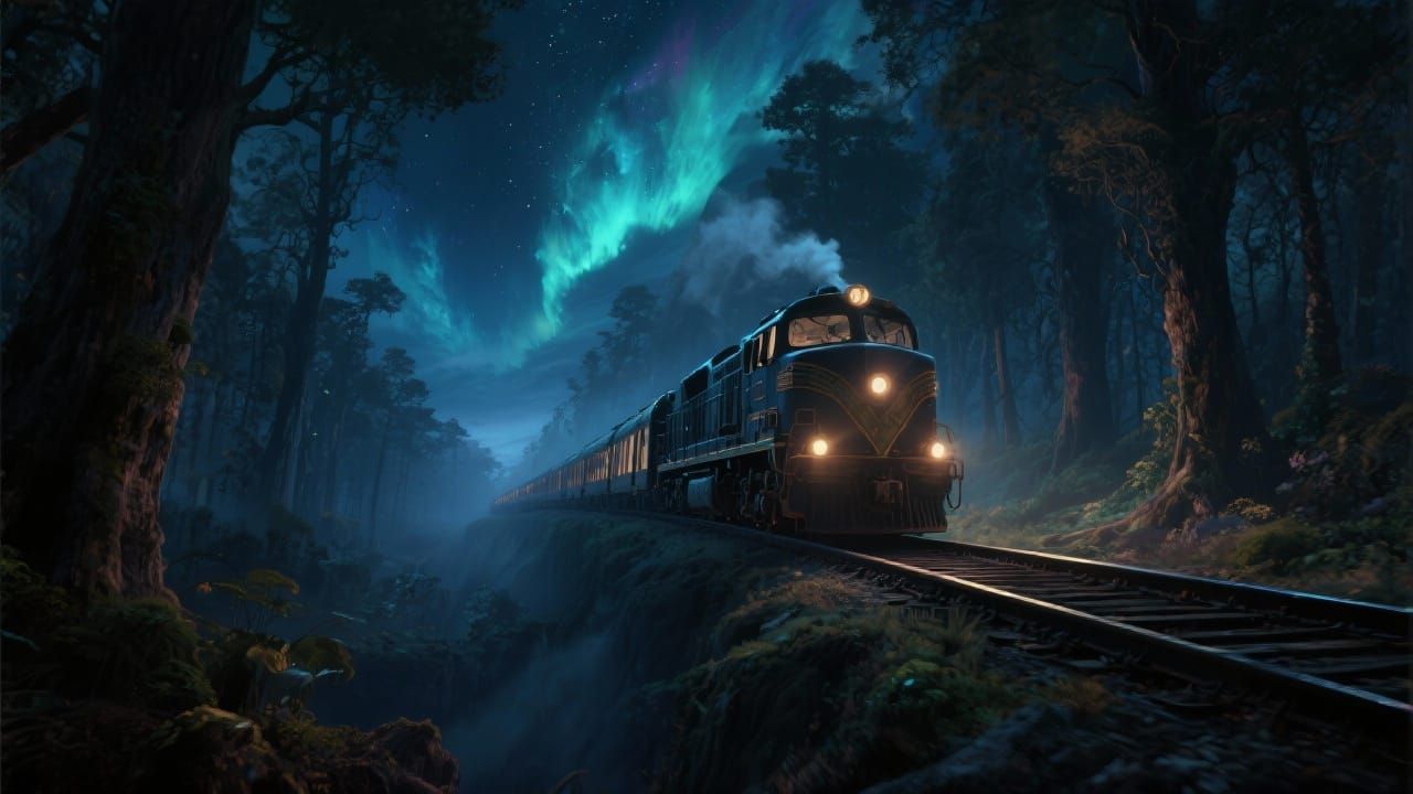 Cinematic Train Journey Through Forest Night Sky