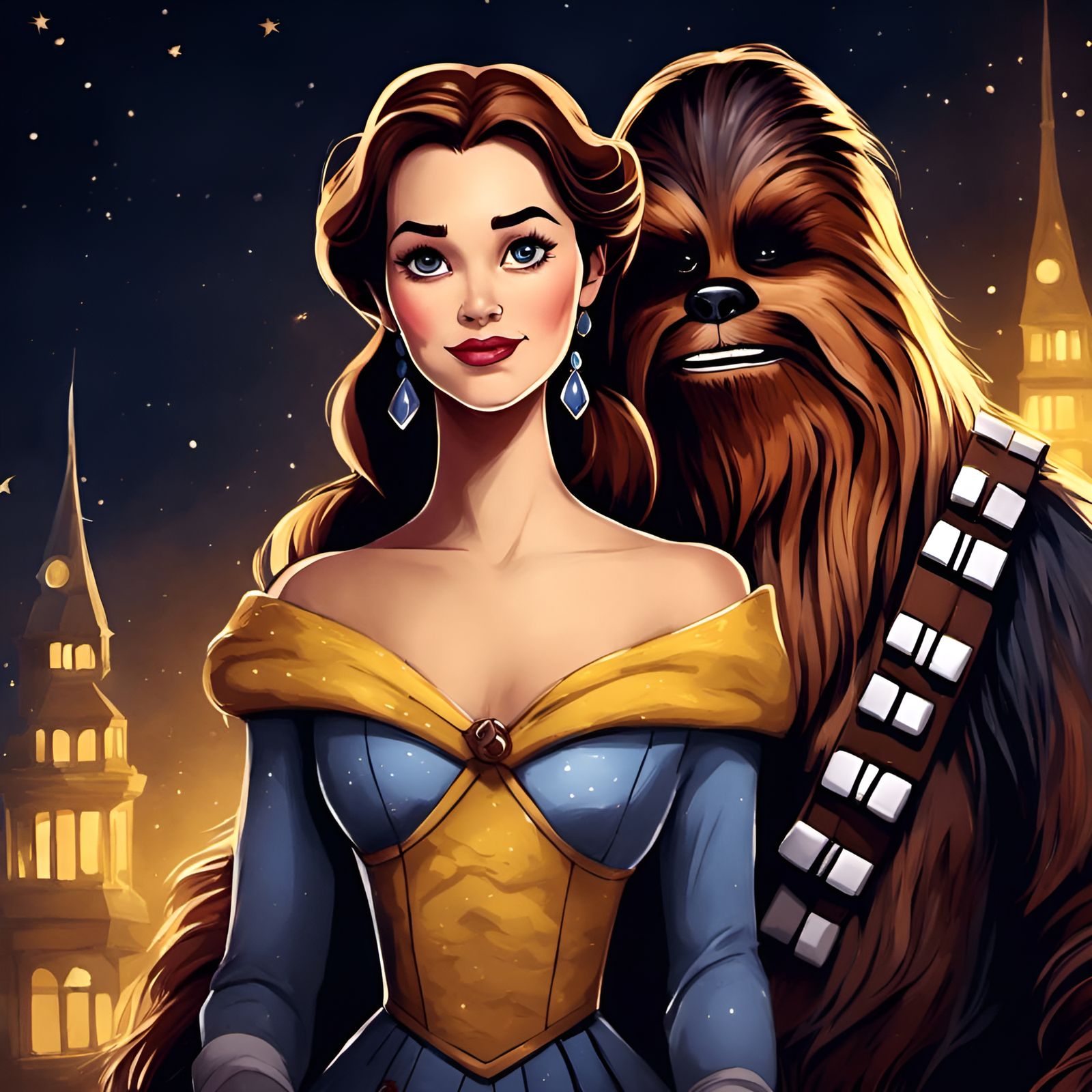 Belle and Chewbacca Portrait in Burton Style