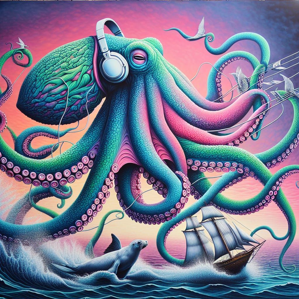a surreal portrait of an octopus, the octopus is super detai...