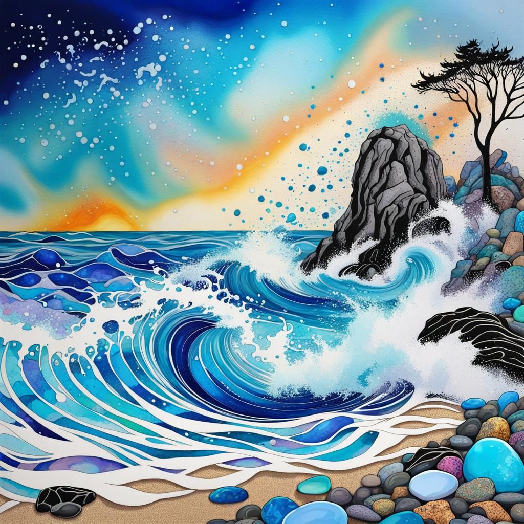 Dreamy Ink Splatter Waves with Leaping Dolphin