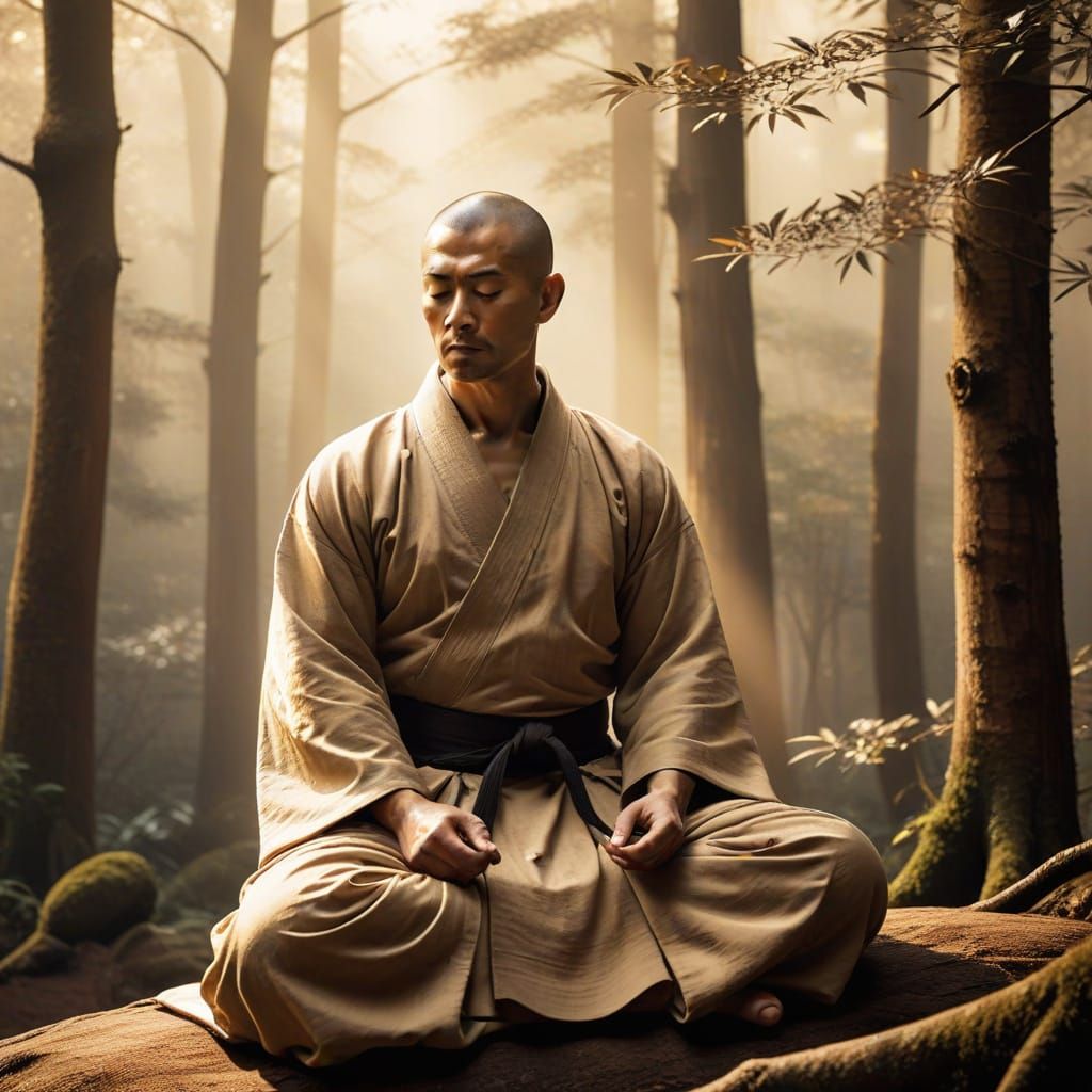 Karate Monk Meditating in Sumi-e Ink Style