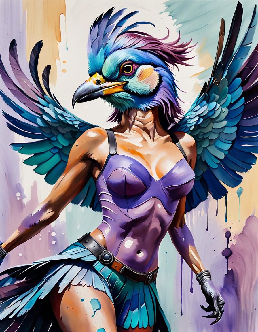 Anthropomorphic Bird Woman in Gouache Impressionist Style
