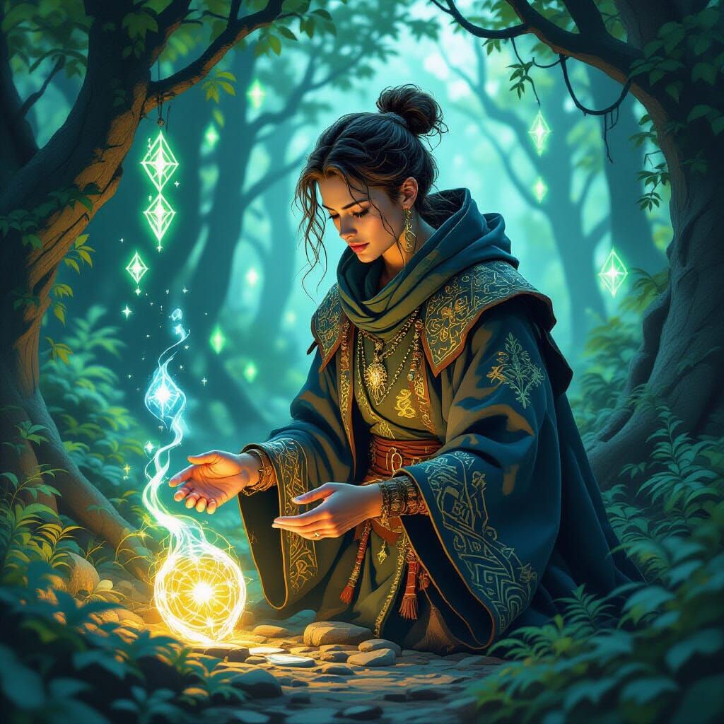 Enchanted Scholar Discovers Artifact in Mystical Forest