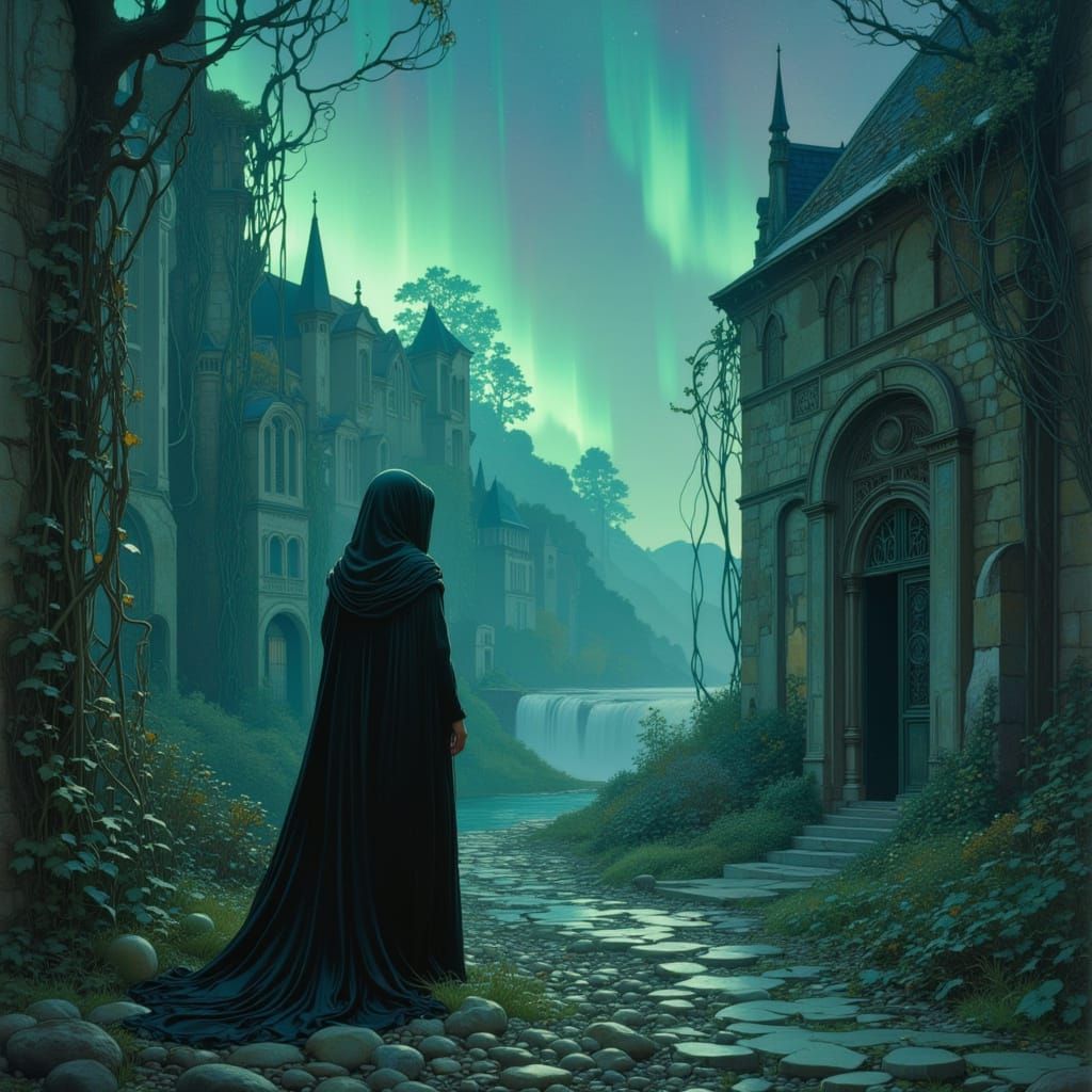 Cloaked Figure at Aurora-Lit Ruined Village