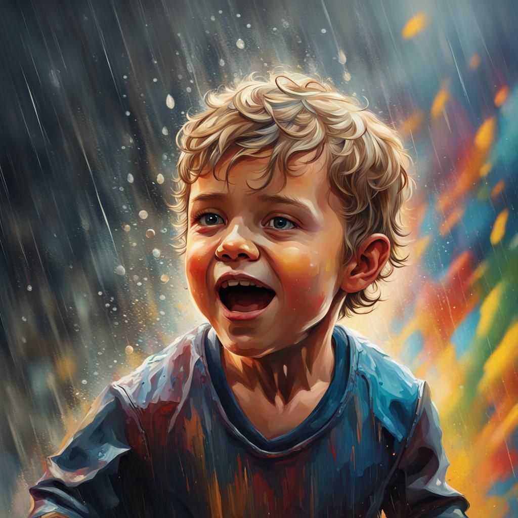 Boy Dances in Rain: Hyperrealistic Splash Art