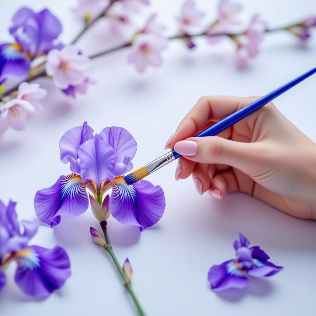 Elegant Hand Holds Brush to Paint Purple Iris with Cherry Bl...