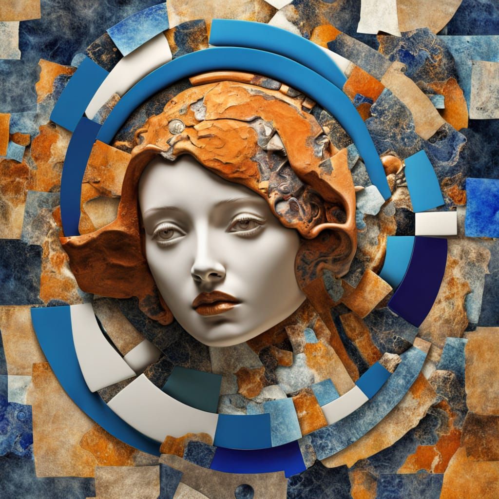 High-Contrast Mixed-Media Collage with Ceramic Elements