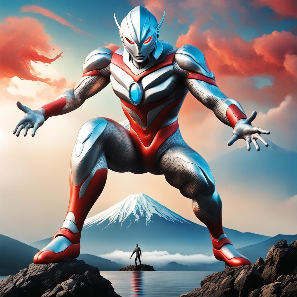 Ultraman vs. Monster near Mt. Fuji: Hyperrealistic Art