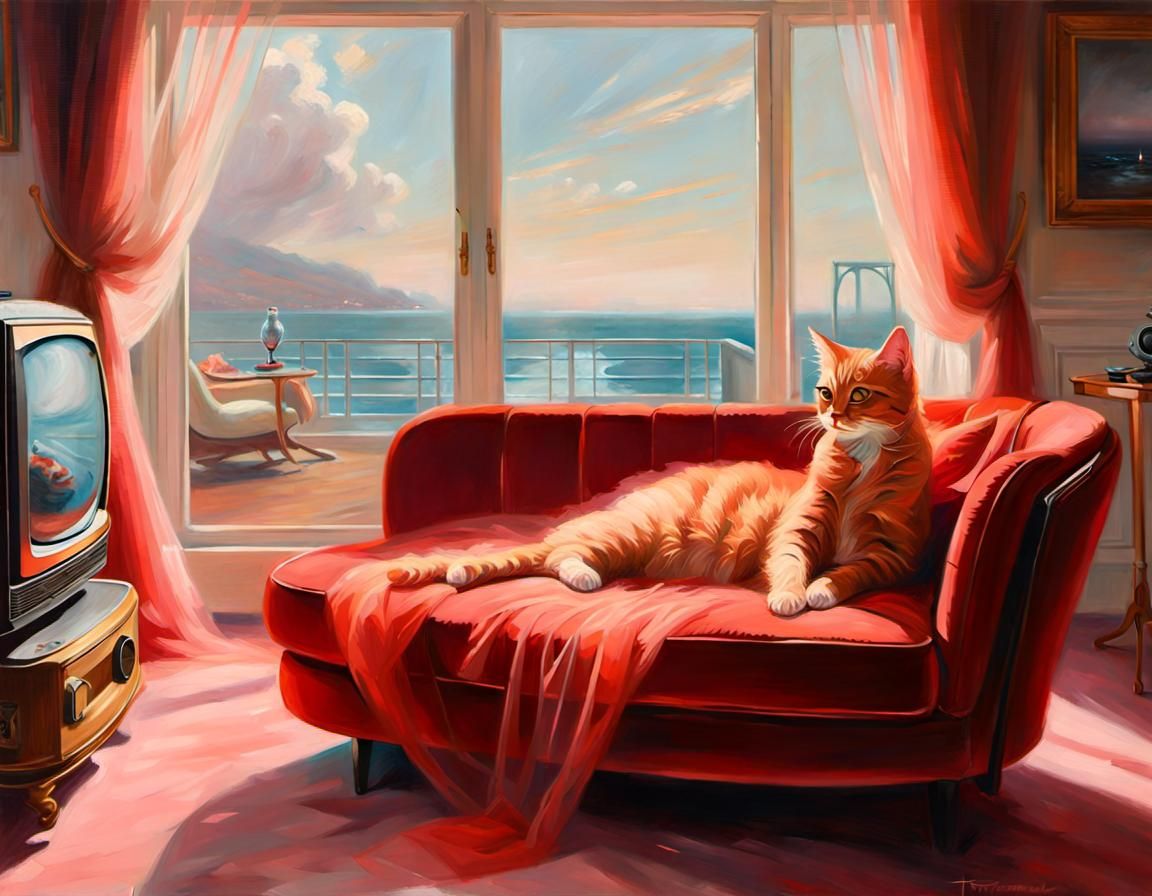 Red Cat in Seaside Living Room: Oil Painting