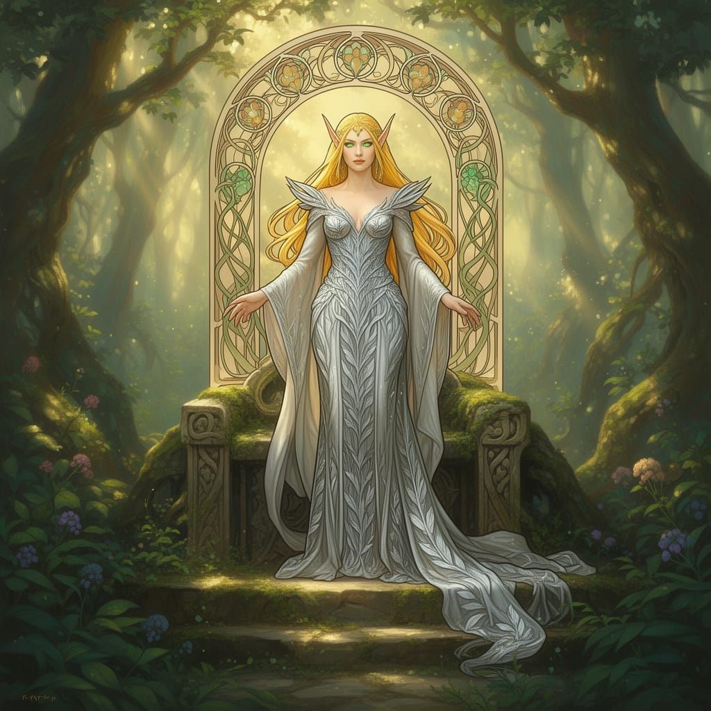 Majestic Elven Queen in Sun-Dappled Enchanted Forest