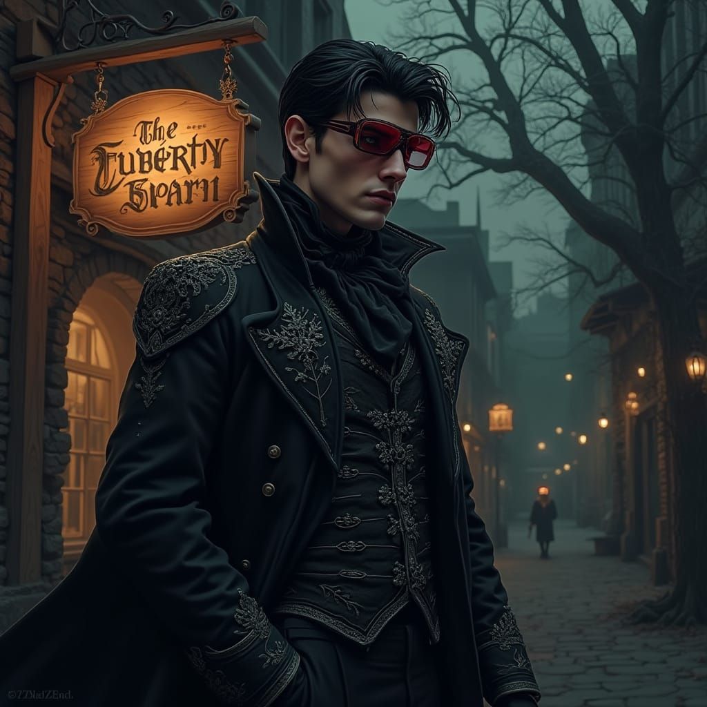 Gothic Vampire Stands Proud in Front of a Dimly Lit Tavern