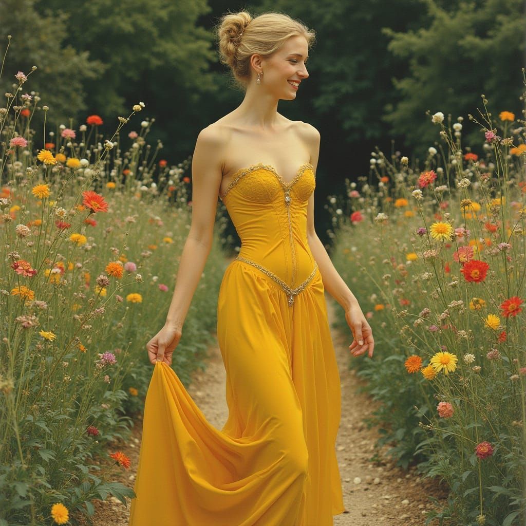 Elegant Woman in Garden: Impressionistic Hyperrealism